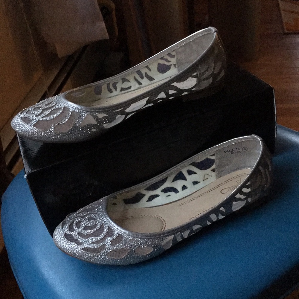 Silver Glitter Flats, Sz 8